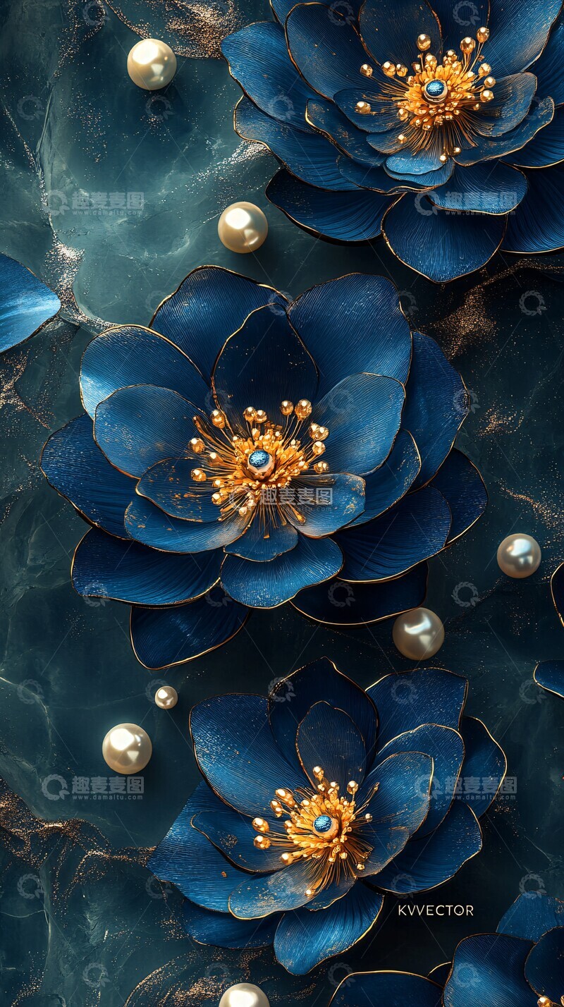 高清大图下载【趣麦麦图】蓝金对称花卉壁纸2