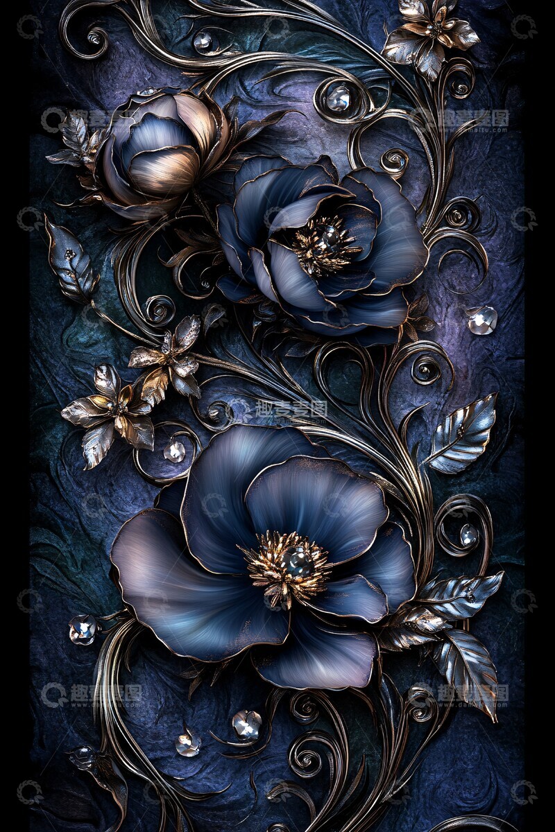 高清大图下载【趣麦麦图】三维银边牡丹纹样2