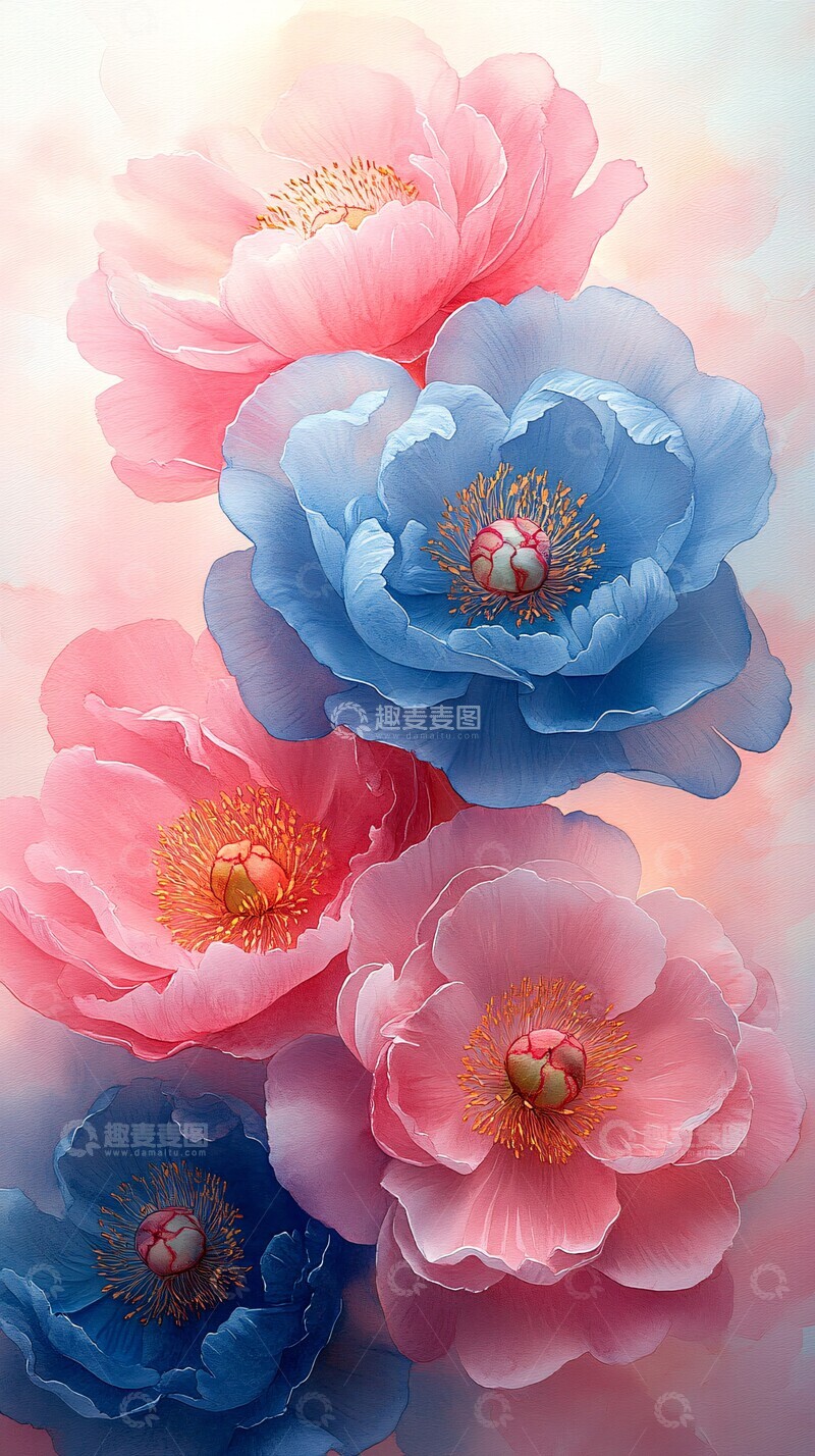 高清大图下载【趣麦麦图】粉色蓝色牡丹花3
