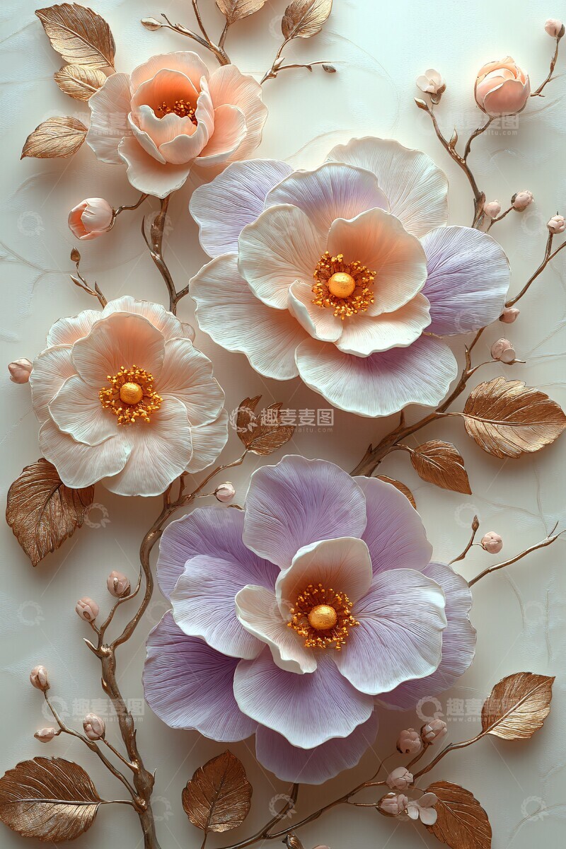 高清大图下载【趣麦麦图】紫色花朵白底金叶3