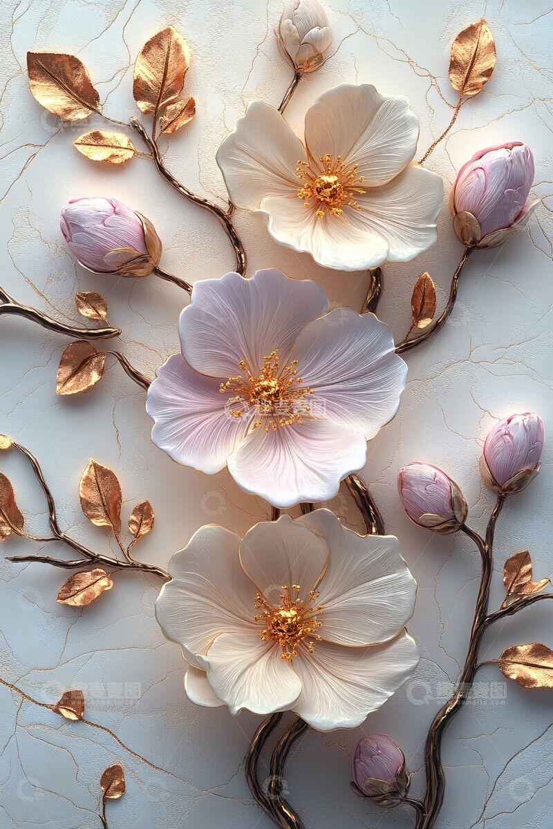 高清大图下载【趣麦麦图】紫色花朵白底金叶2