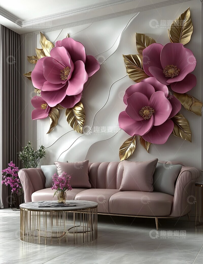 高清大图下载【趣麦麦图】粉玫瑰金瓣墙画3