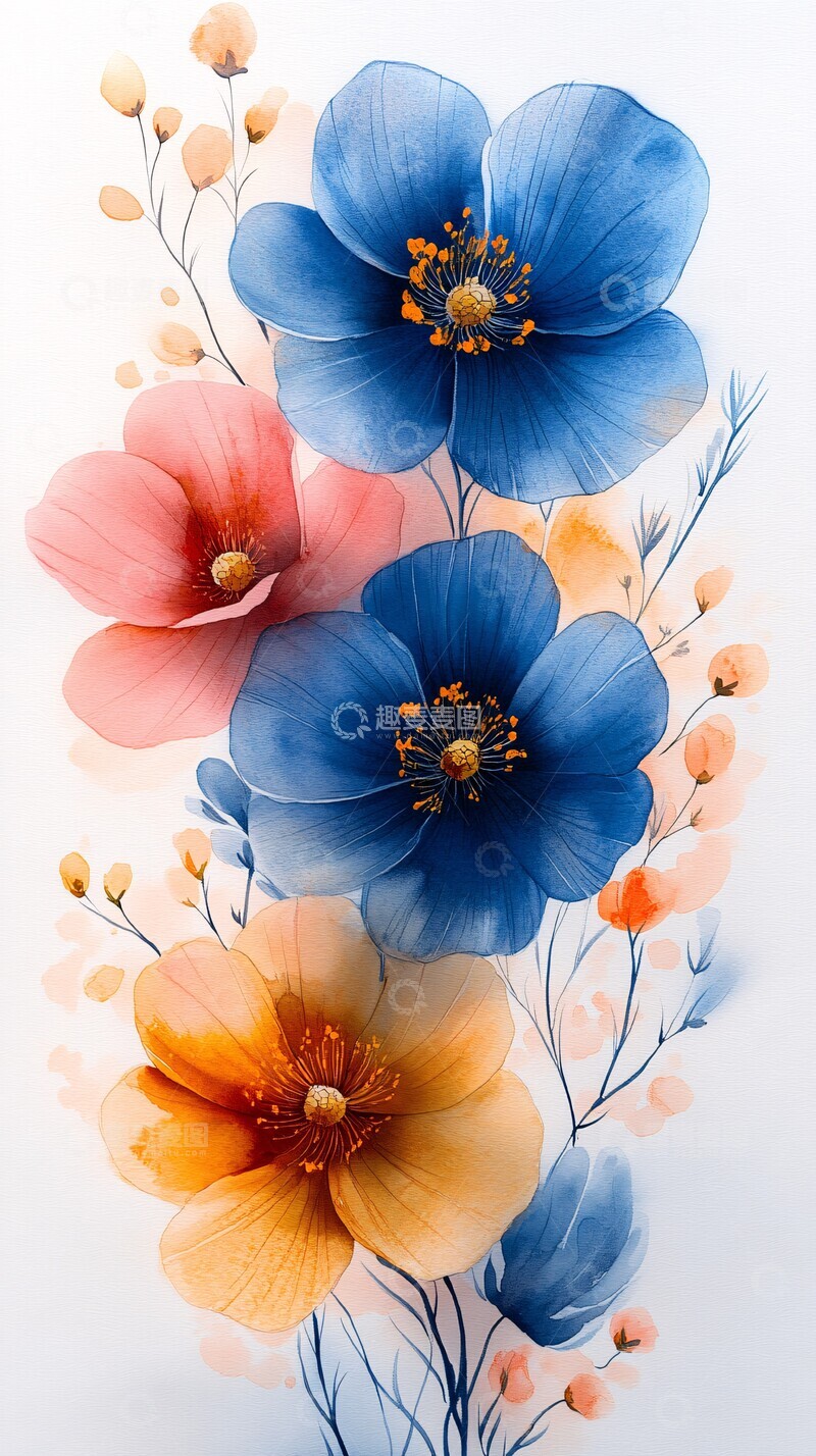 高清大图下载【趣麦麦图】蓝黄花卉水彩背景3