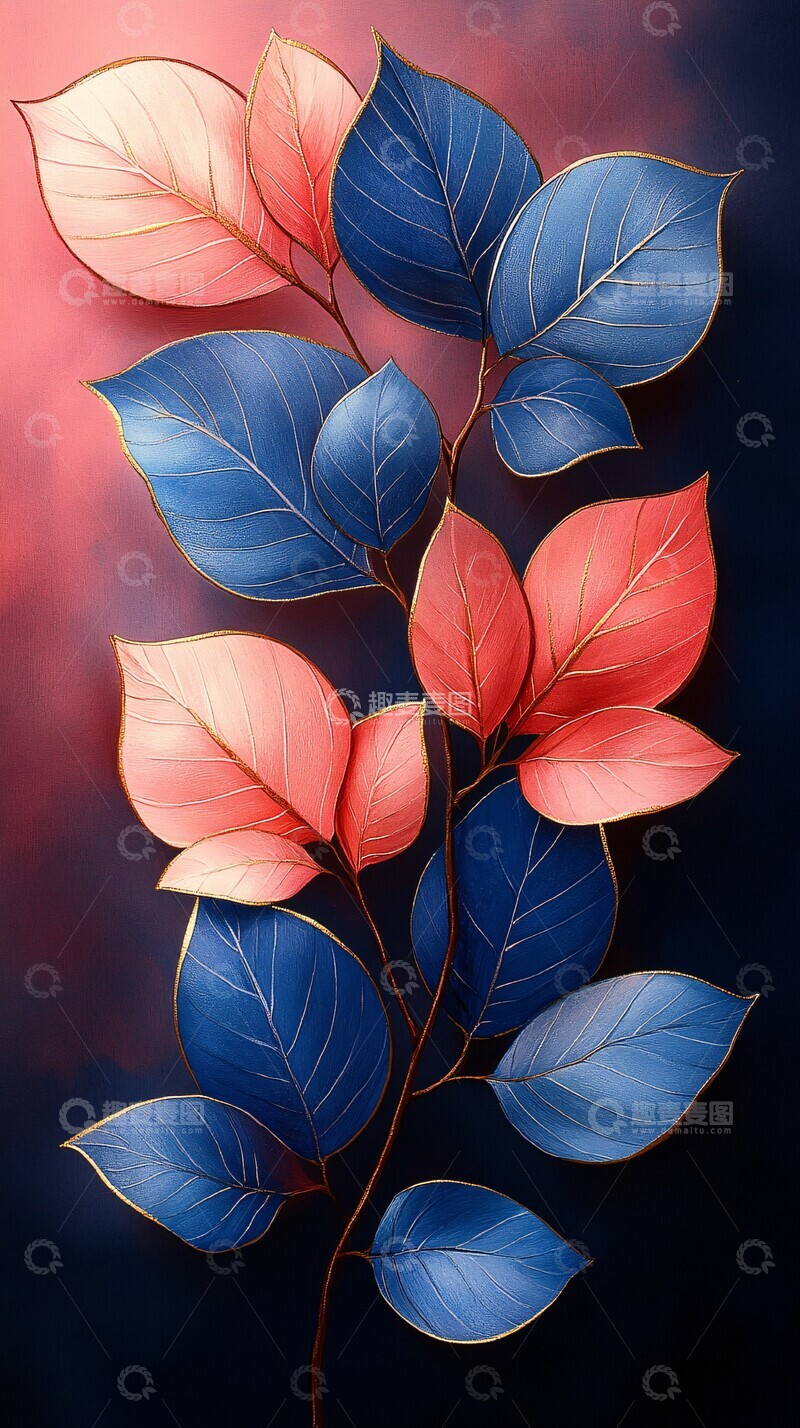 高清大图下载【趣麦麦图】粉色蓝色金边叶3