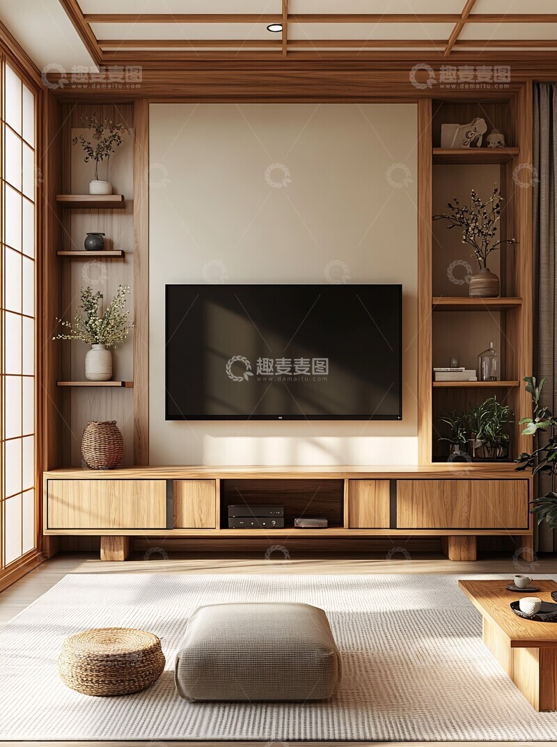 高清大图下载【趣麦麦图】木柜白墙日式客厅1