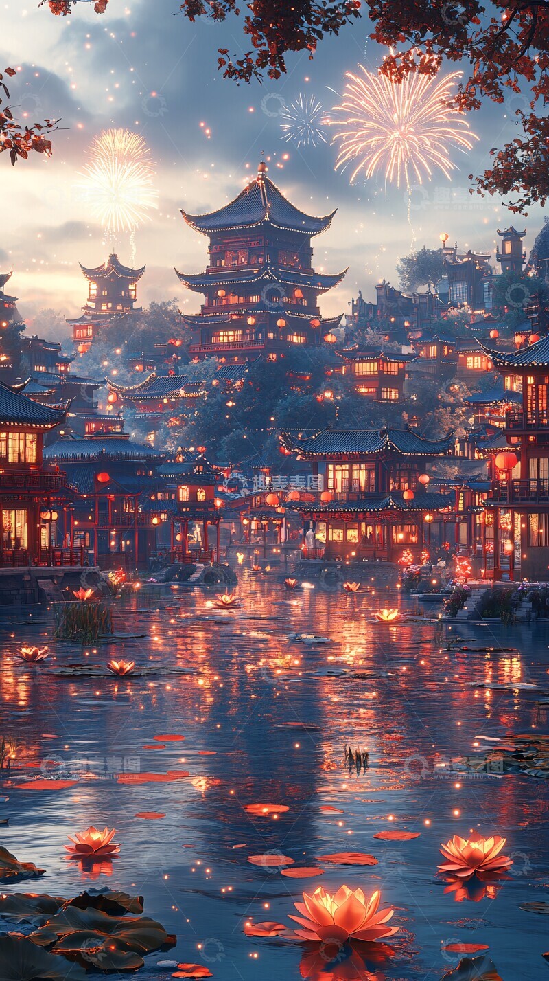 高清大图下载【趣麦麦图】中秋节莲花烟花2