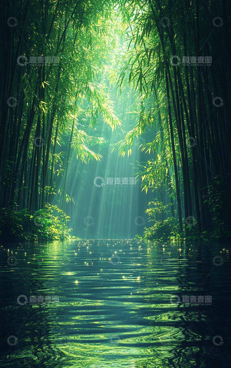 高清大图下载【趣麦麦图】竹林溪流光影2