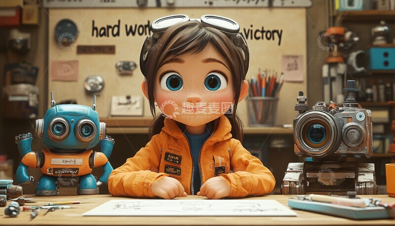 高清大图下载【趣麦麦图】女孩与机器人工作台1