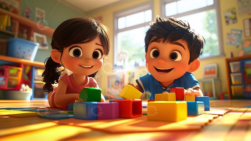 高清大图下载【趣麦麦图】女孩男孩玩积木3