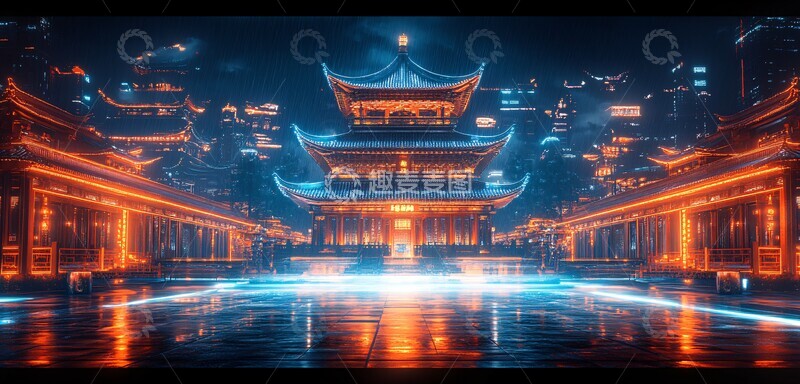 高清大图下载【趣麦麦图】蓝色线条古塔