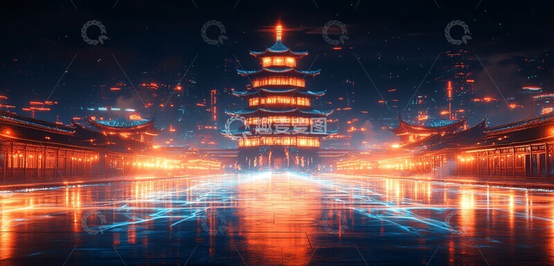 高清大图下载【趣麦麦图】蓝色线条古塔3