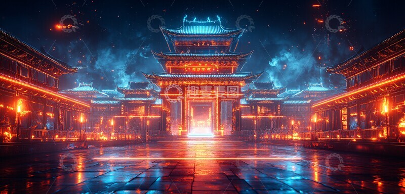 高清大图下载【趣麦麦图】蓝色线条古塔2