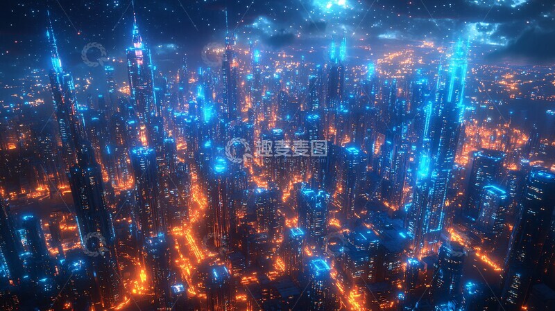 高清大图下载【趣麦麦图】蓝色霓虹连接建筑1