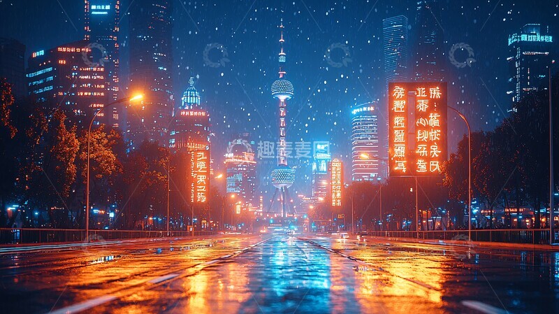 高清大图下载【趣麦麦图】夜色珠塔蓝光街景3