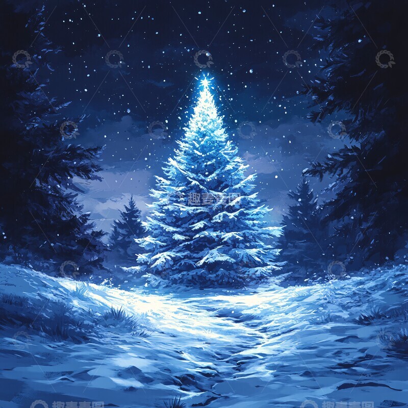 高清大图下载【趣麦麦图】雪夜森林圣诞树7