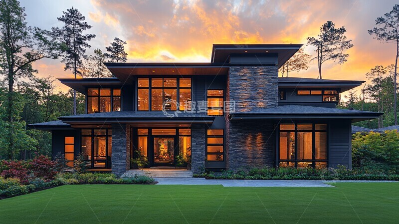 高清大图下载【趣麦麦图】夕阳下的现代住宅2