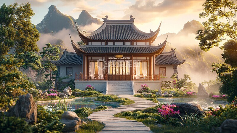 高清大图下载【趣麦麦图】中式别墅景观2