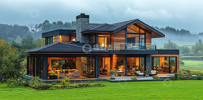 高清大图下载【趣麦麦图】大木屋草原夕照2