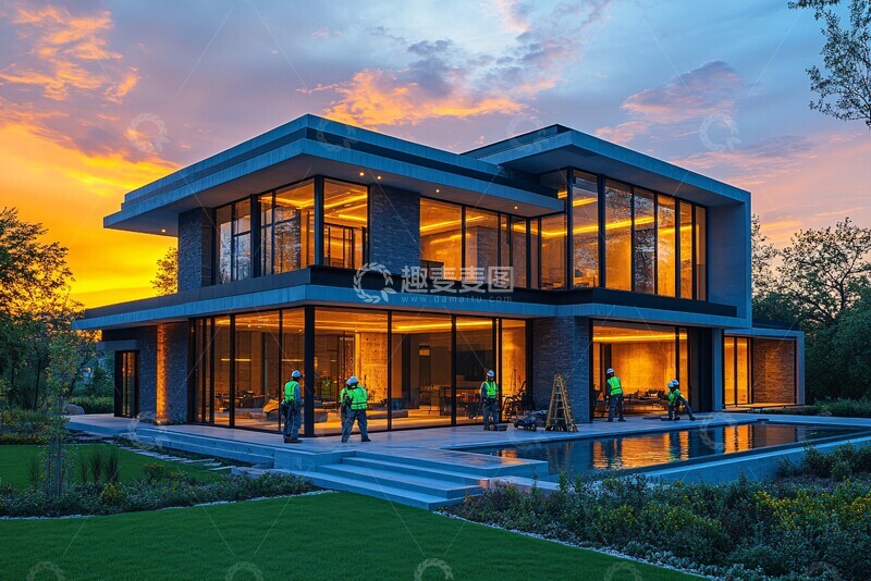 高清大图下载【趣麦麦图】工人安装玻璃幕墙2