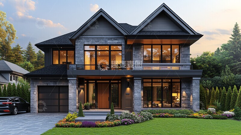 高清大图下载【趣麦麦图】灰色石墙木框别墅2