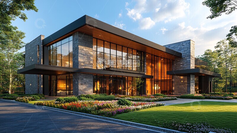 高清大图下载【趣麦麦图】灰色石墙木框别墅3