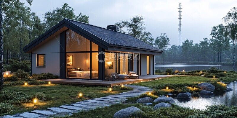 高清大图下载【趣麦麦图】湖畔别墅与电力塔3