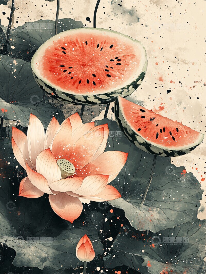 高清大图下载【趣麦麦图】西瓜莲花叶墨画2