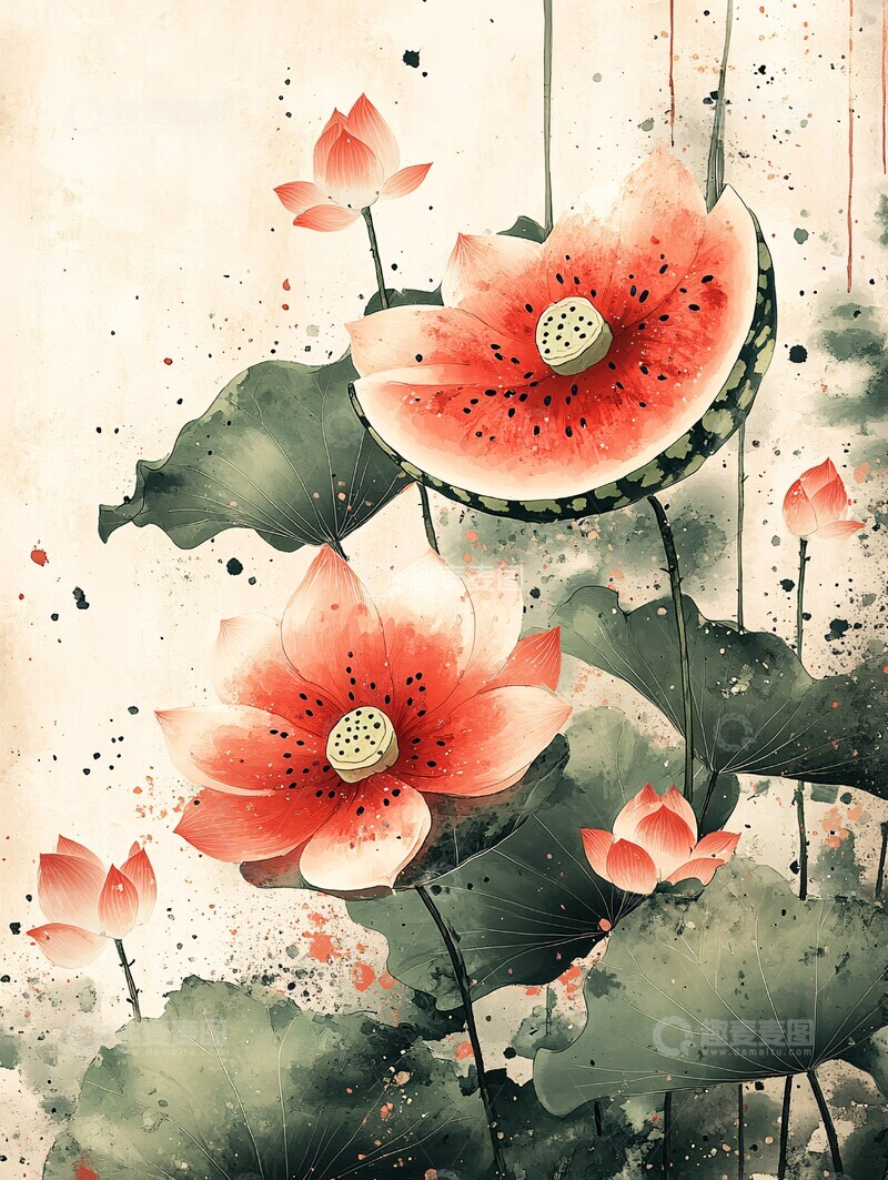高清大图下载【趣麦麦图】西瓜莲花叶墨画3