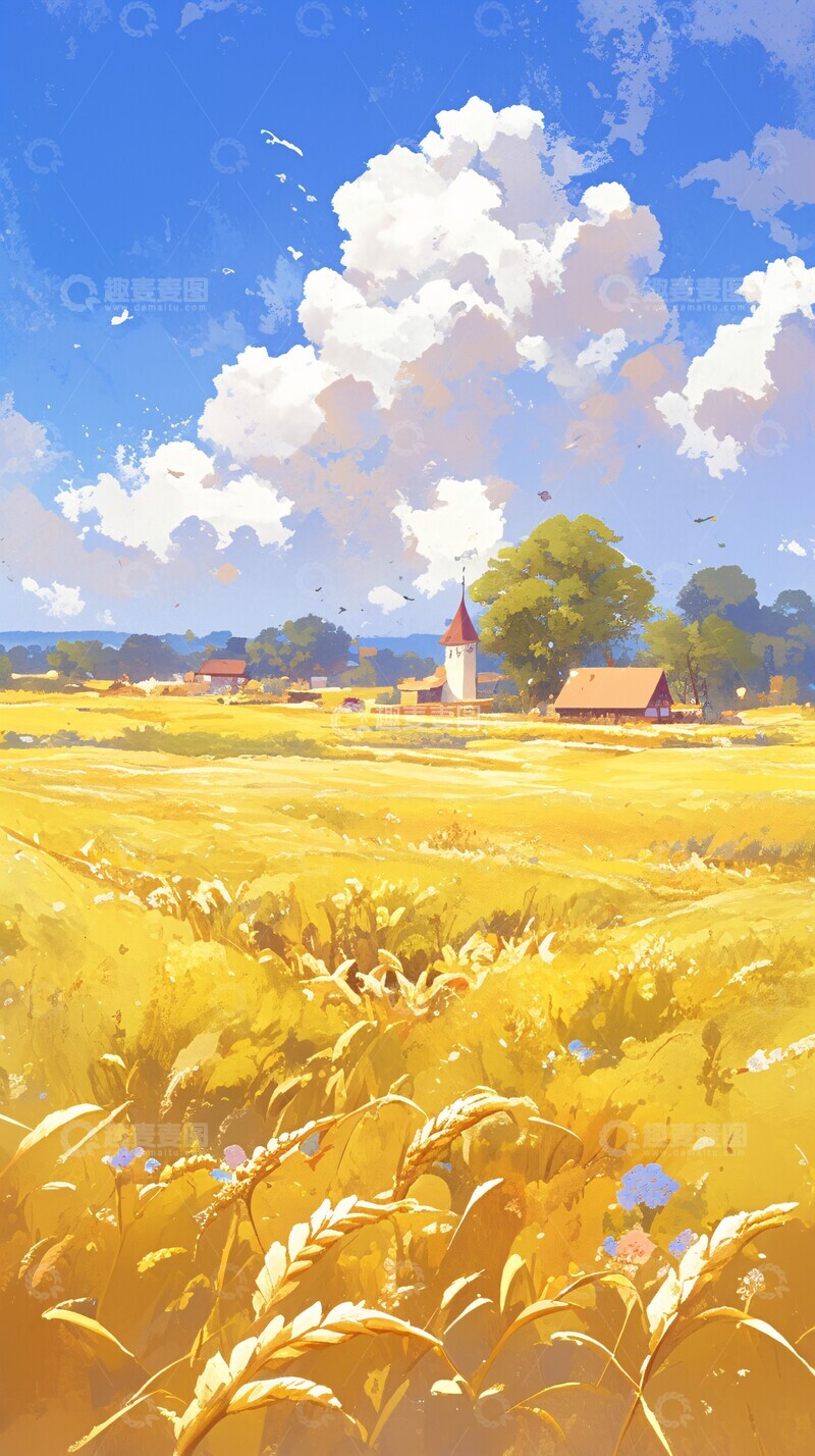 高清大图下载【趣麦麦图】金色麦田与村庄3