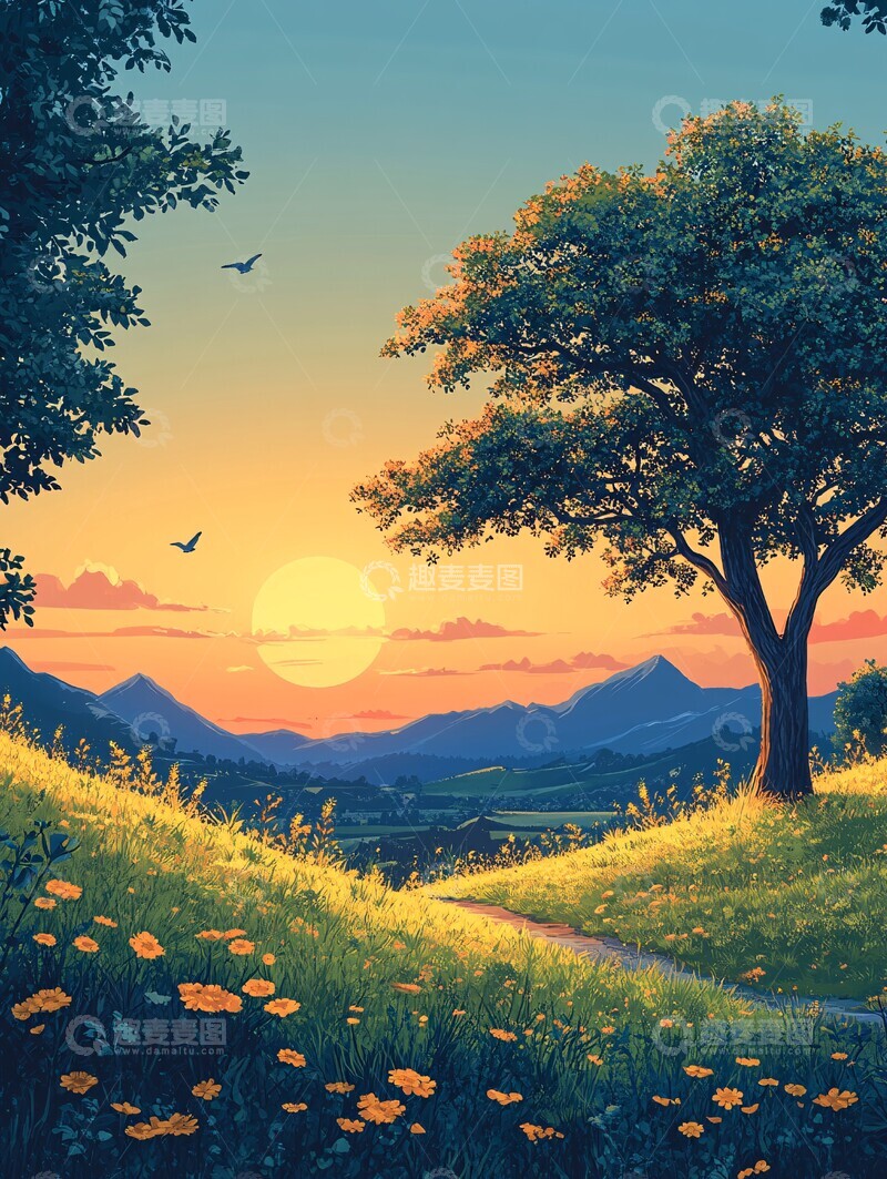 高清大图下载【趣麦麦图】夏日晴空树鸟图1