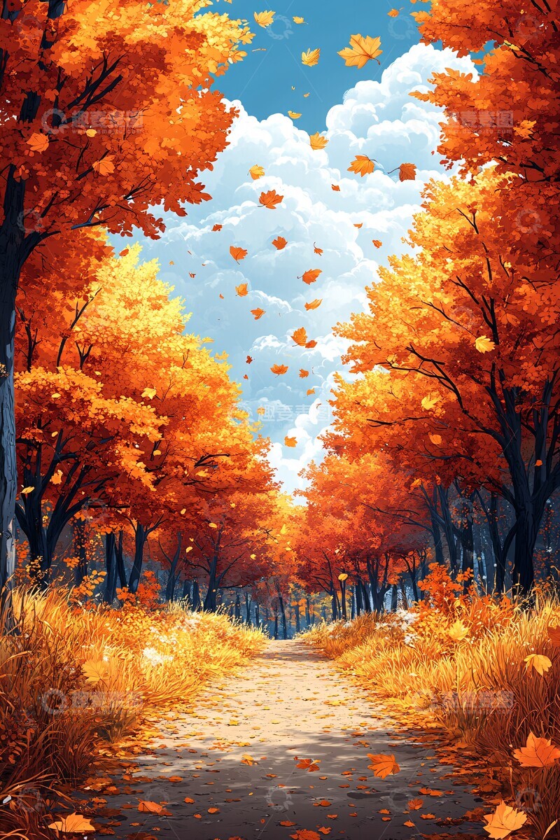 高清大图下载【趣麦麦图】秋林落叶路径1