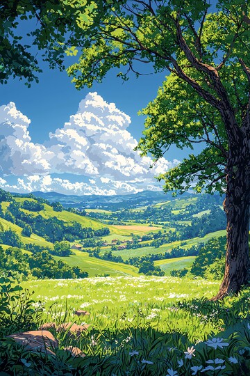 草地大树和云朵