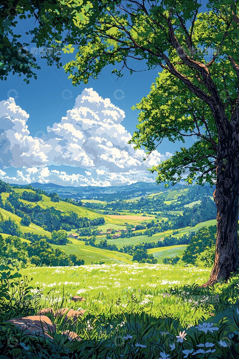 高清大图下载【趣麦麦图】草地大树和云朵