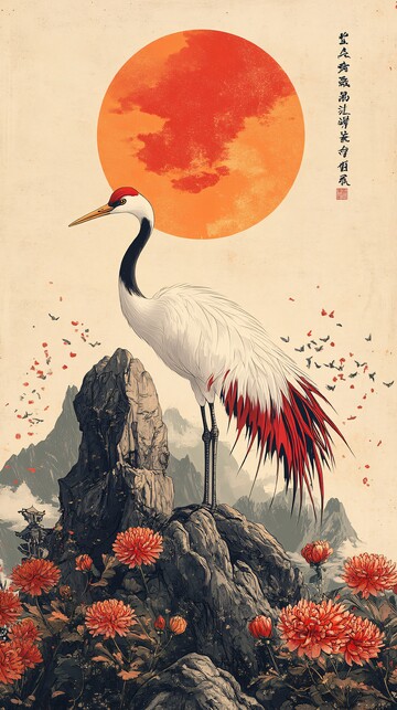 山菊鹤图海报风格手绘1