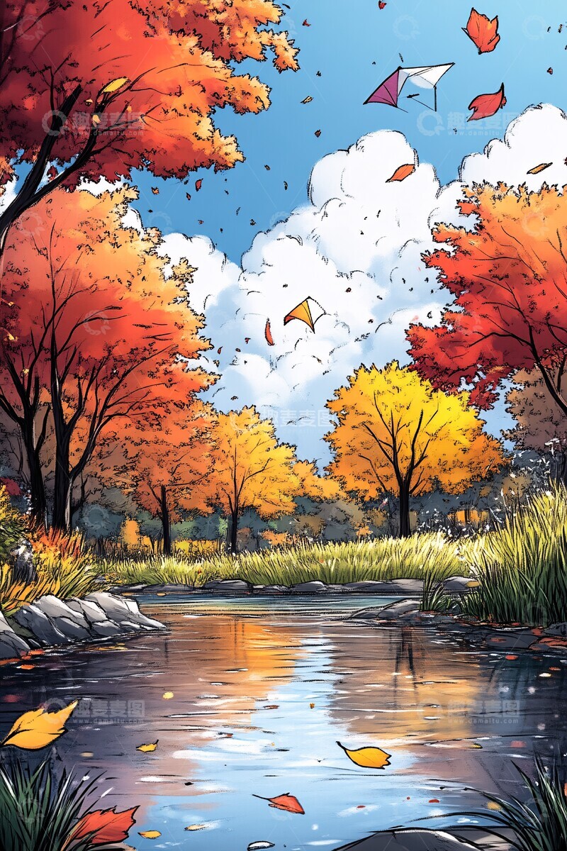 高清大图下载【趣麦麦图】秋日风筝与河景