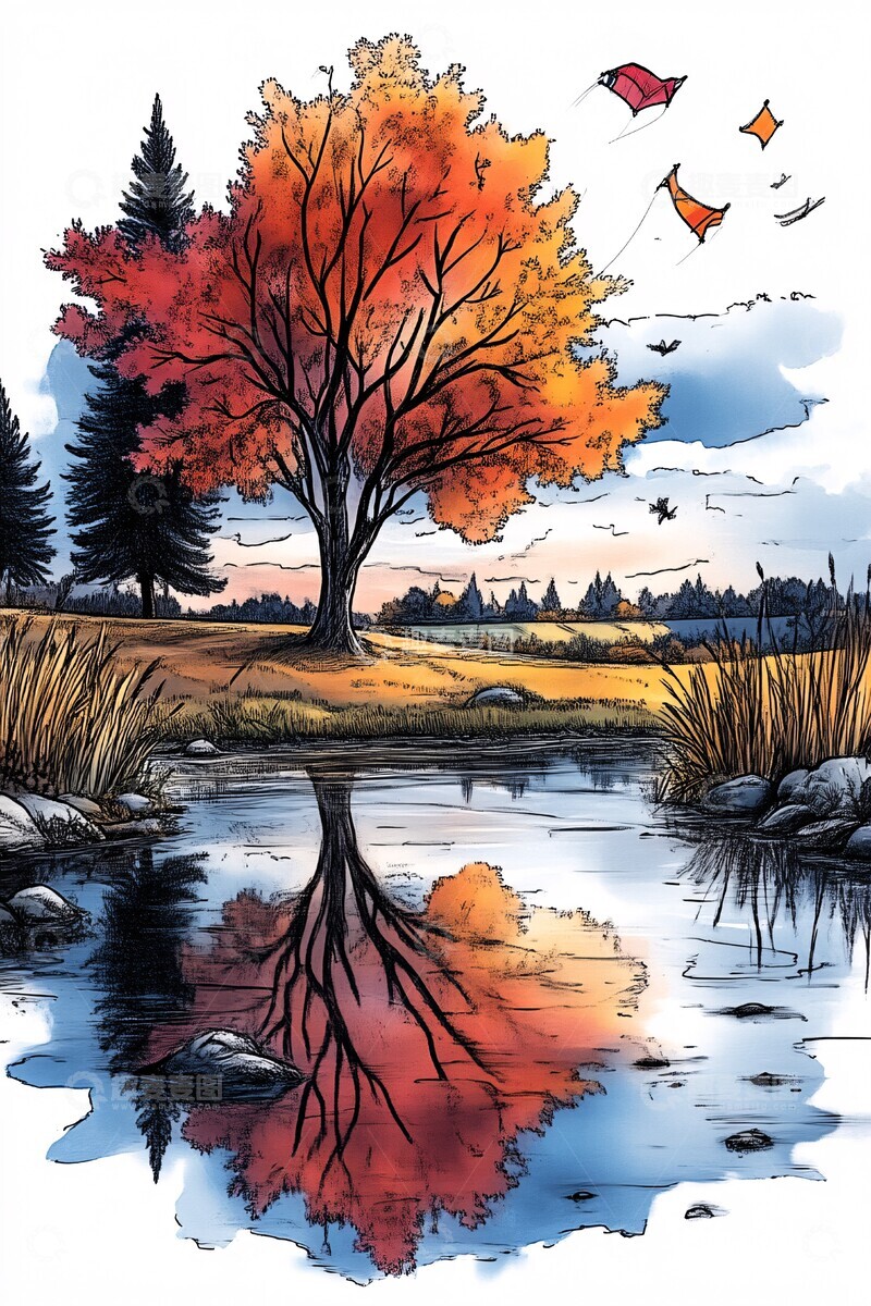 高清大图下载【趣麦麦图】秋日风筝与河景3