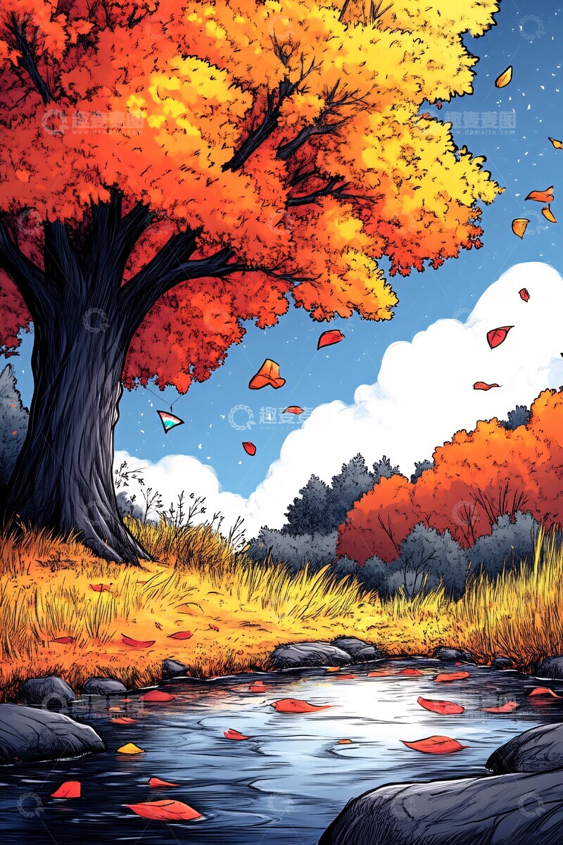 高清大图下载【趣麦麦图】秋日风筝与河景1