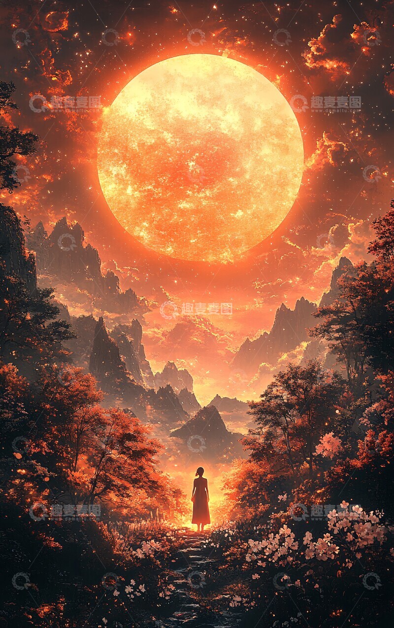 高清大图下载【趣麦麦图】旭日山景女子剪影2