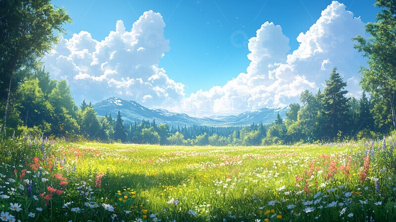 高清大图下载【趣麦麦图】蓝天白云森林草地2