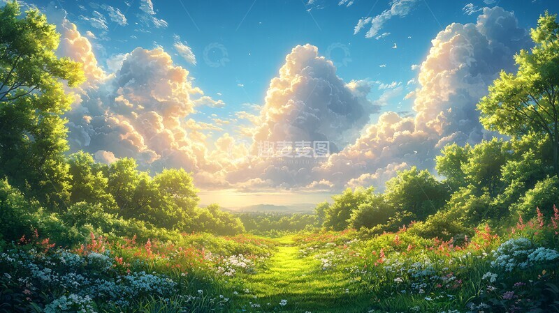 高清大图下载【趣麦麦图】蓝天白云森林草地3
