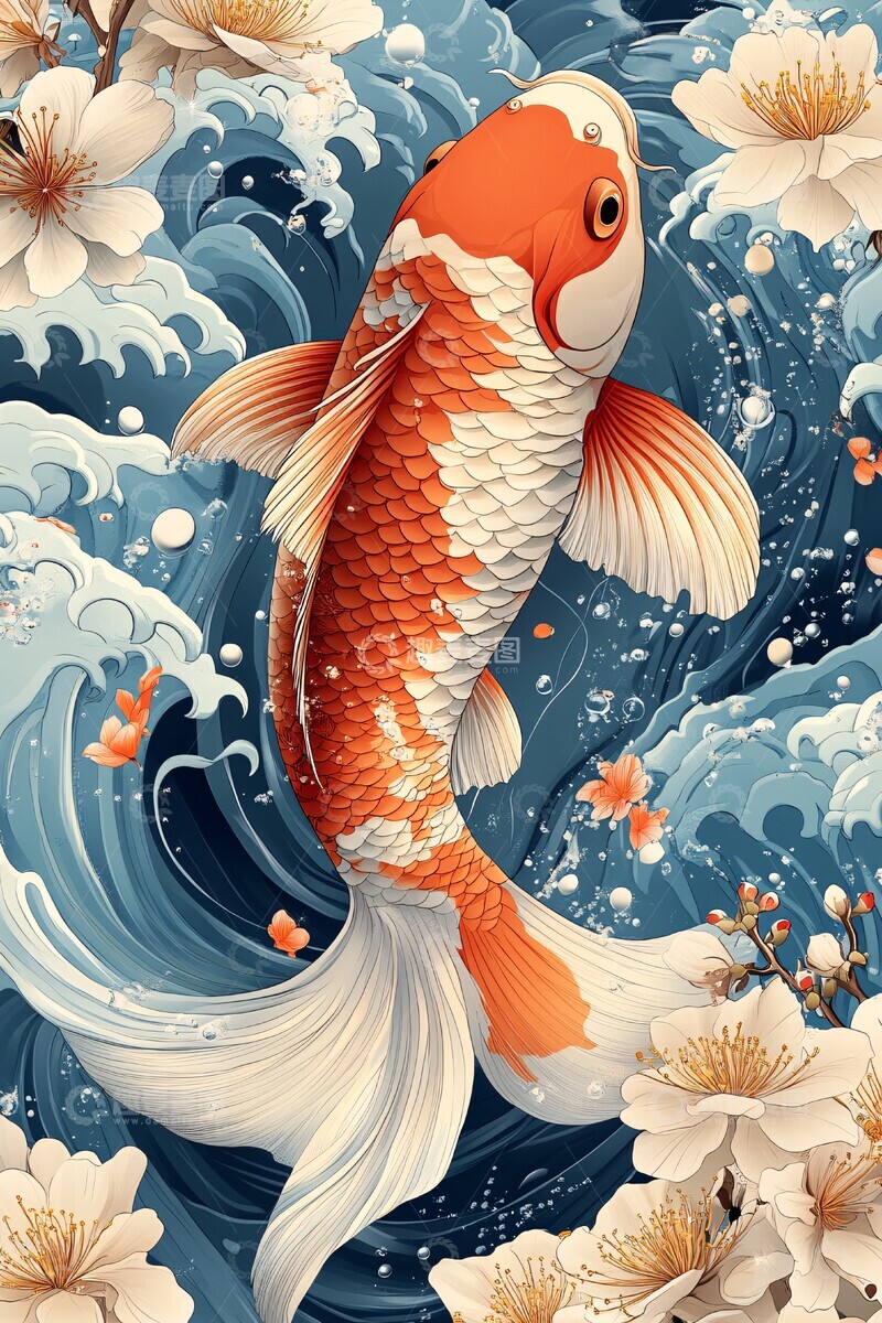 高清大图下载【趣麦麦图】鲤鱼桃花浪花2