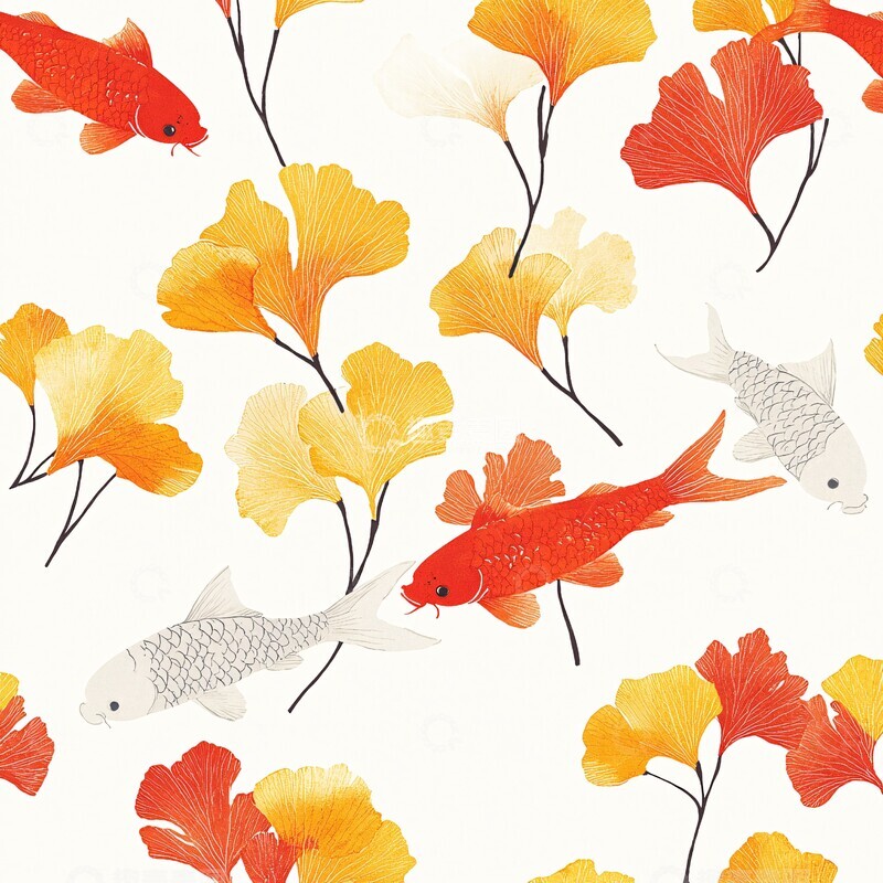 高清大图下载【趣麦麦图】银杏叶鲤鱼壁纸3