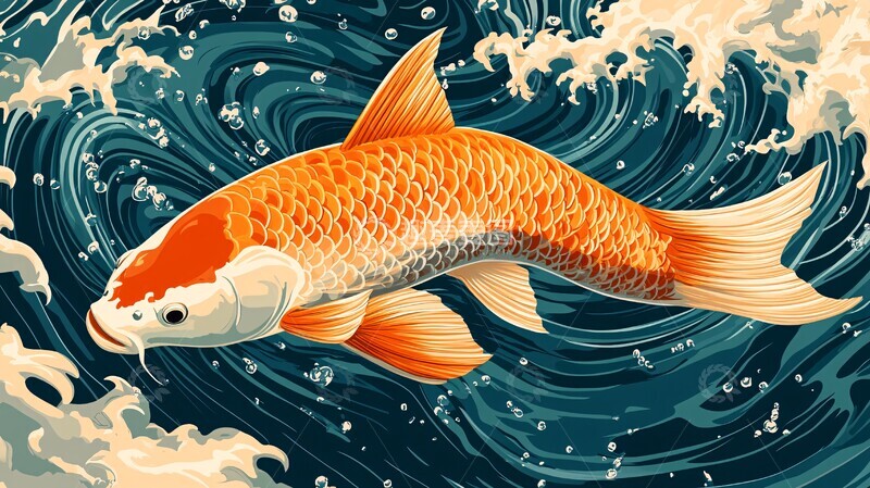 高清大图下载【趣麦麦图】蓝绿水波红鲤鱼3