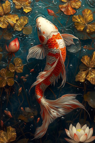 鲤鱼莲花金叶画3