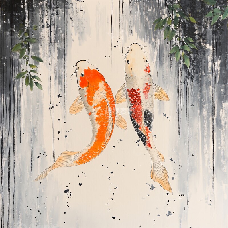 高清大图下载【趣麦麦图】双鲤瀑布图双鲤瀑布绿叶3