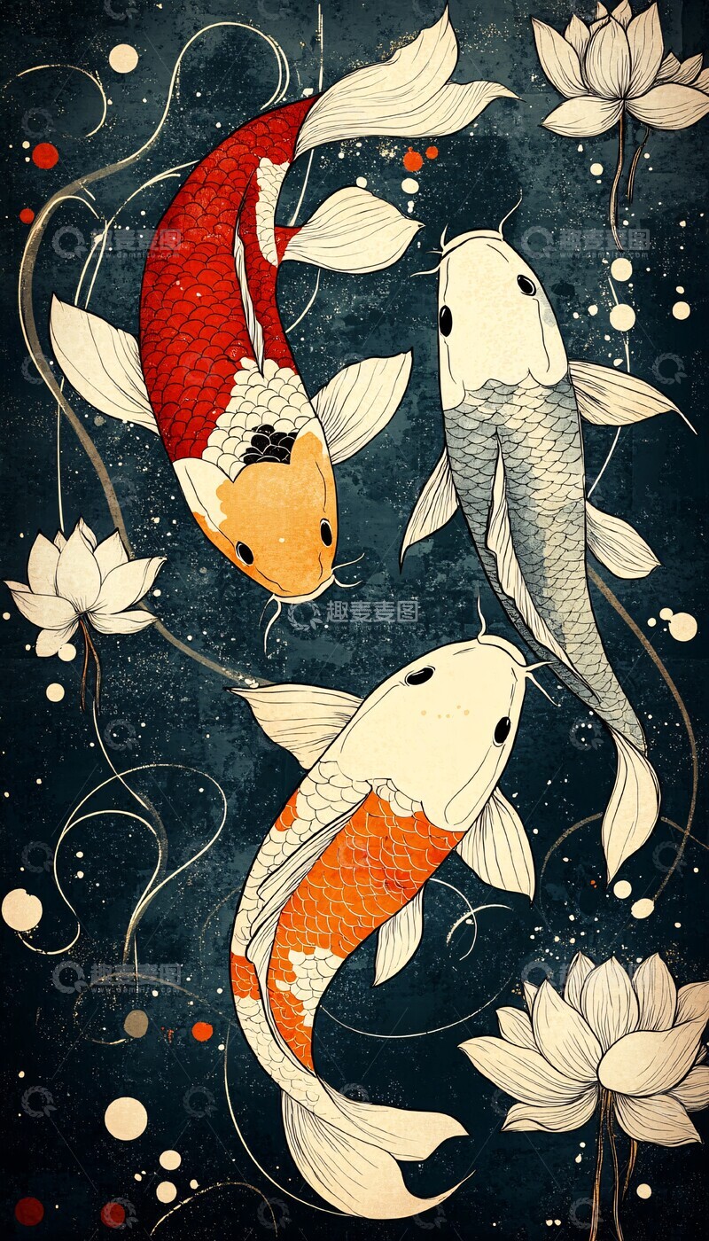 高清大图下载【趣麦麦图】鲤鱼与莲花图案3