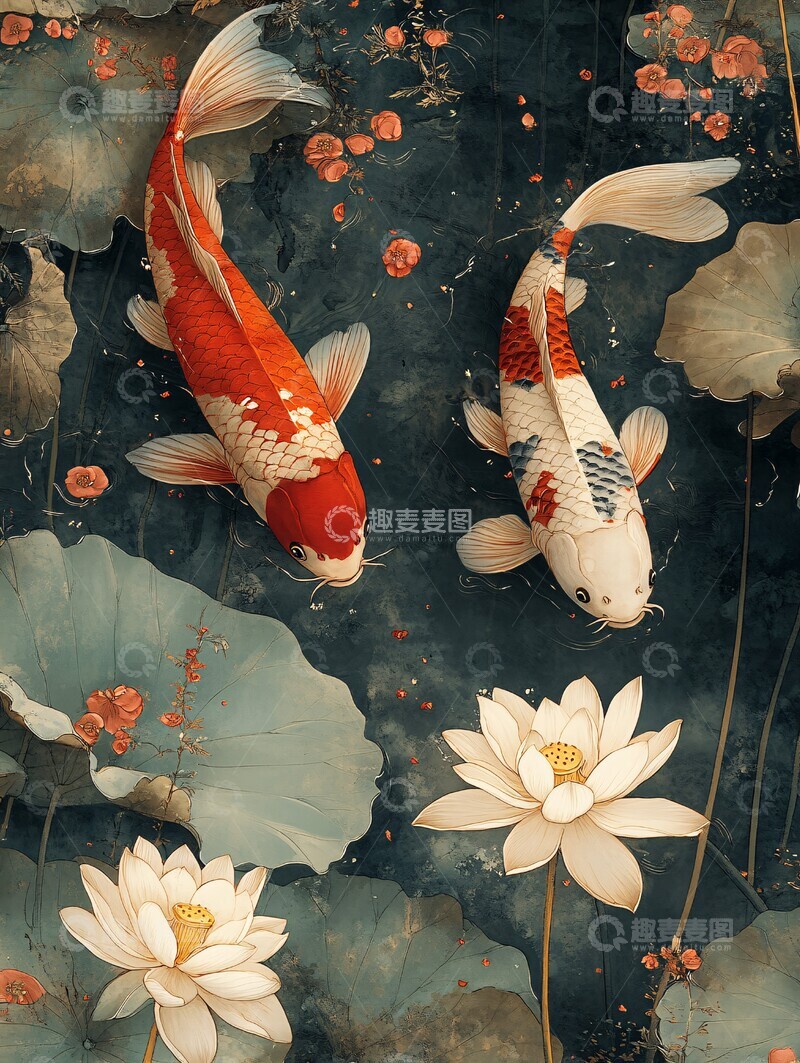 高清大图下载【趣麦麦图】鲤鱼莲花图鲤鱼莲花杨柳青3