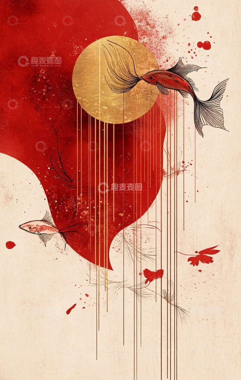 高清大图下载【趣麦麦图】飞鱼曲线春节红色极简1