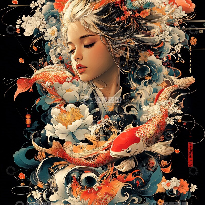 高清大图下载【趣麦麦图】女忍者骑鲤鱼2