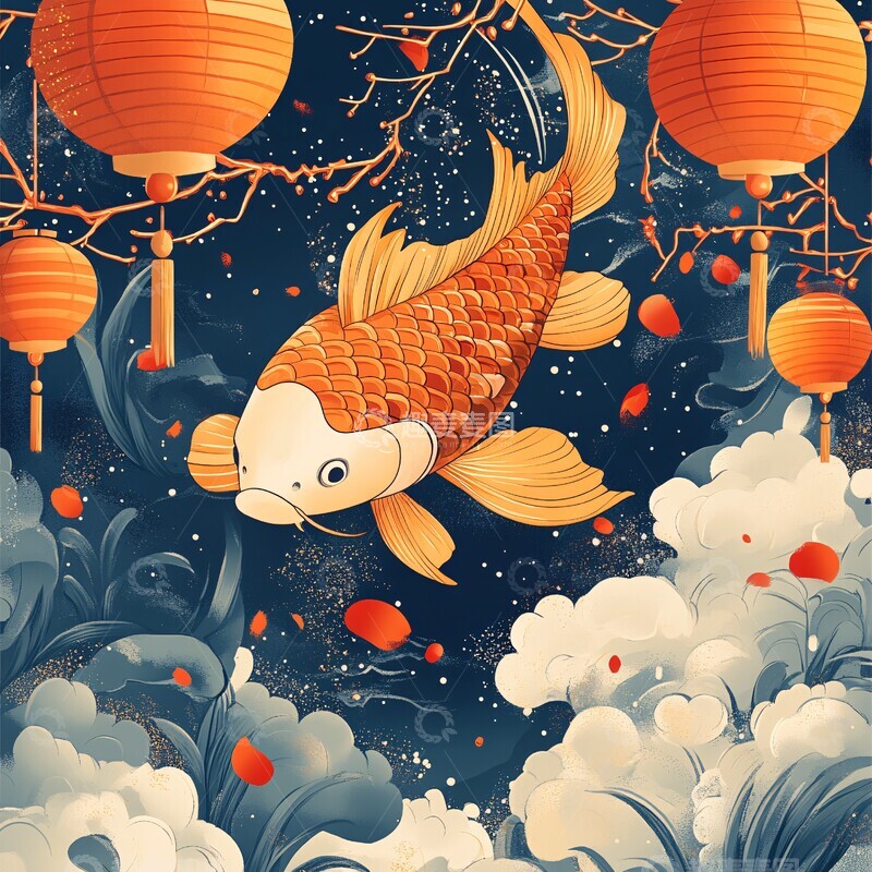 高清大图下载【趣麦麦图】金鲤跃海金鲤海洋树枝2